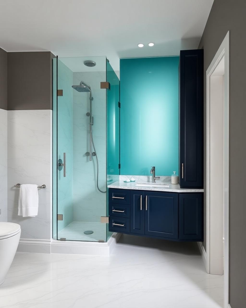 Newly renovated bathroom with walk-in shower and navy vanity